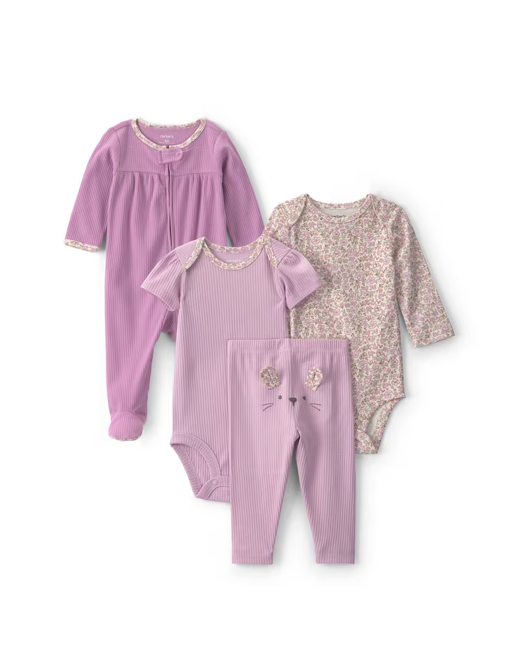 Kit conjunto longo bebê 3 peças + macacão canelado floral - Multicor | Carter's